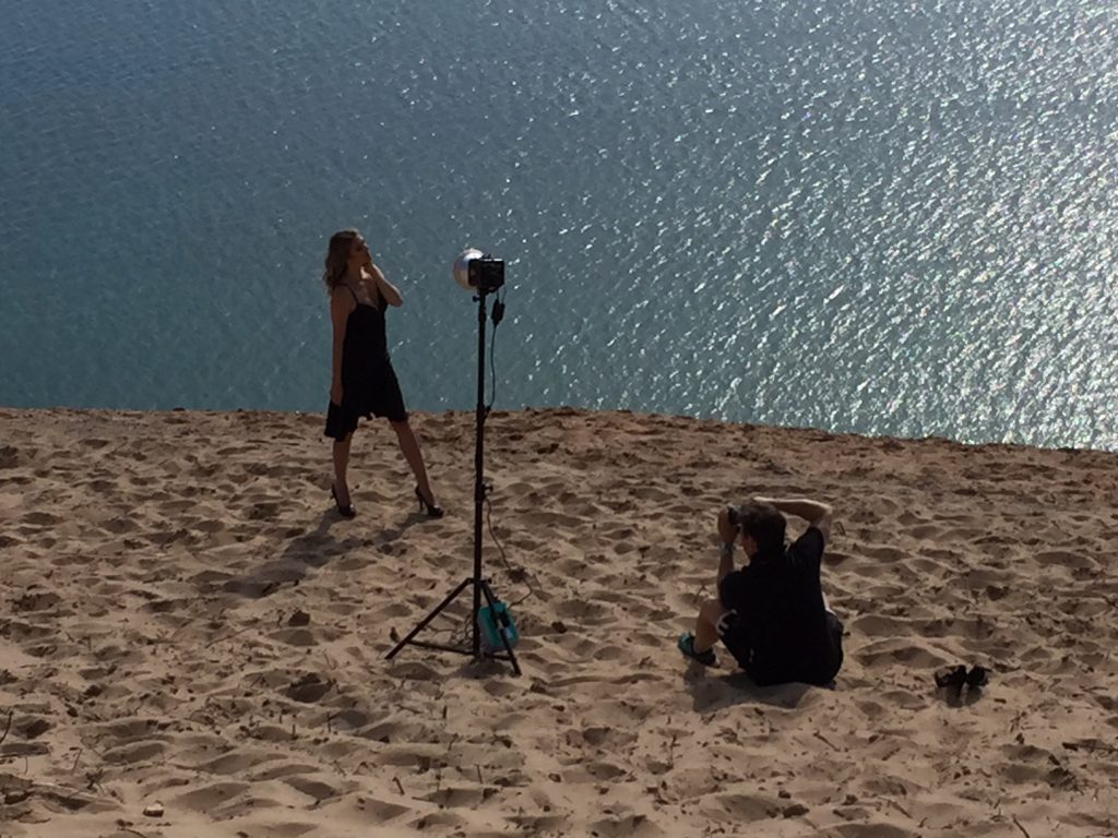 Metro Detroit photographer Jeff White, Stefana Rita, Ashley and Therese Sullivan and Brooke Hayes shooting in the Sleeping Bear Sand Dunes